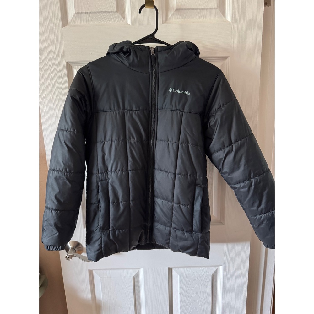 Columbia Puffer Jacket Kids Large Black Hooded Fleece Lined Quilted WB1044